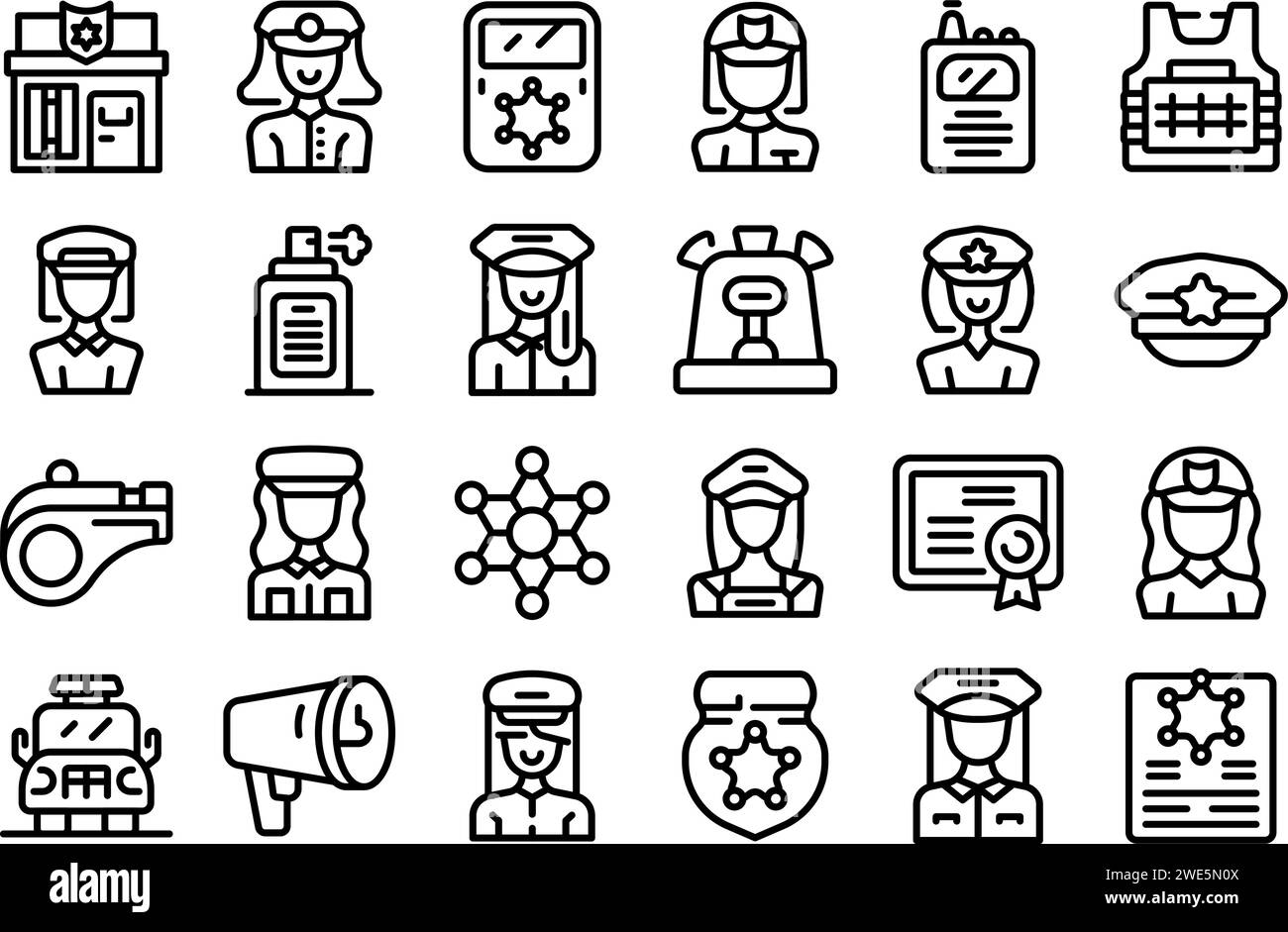 Policewoman icons set outline vector. Office cop. Work law security Stock Vector