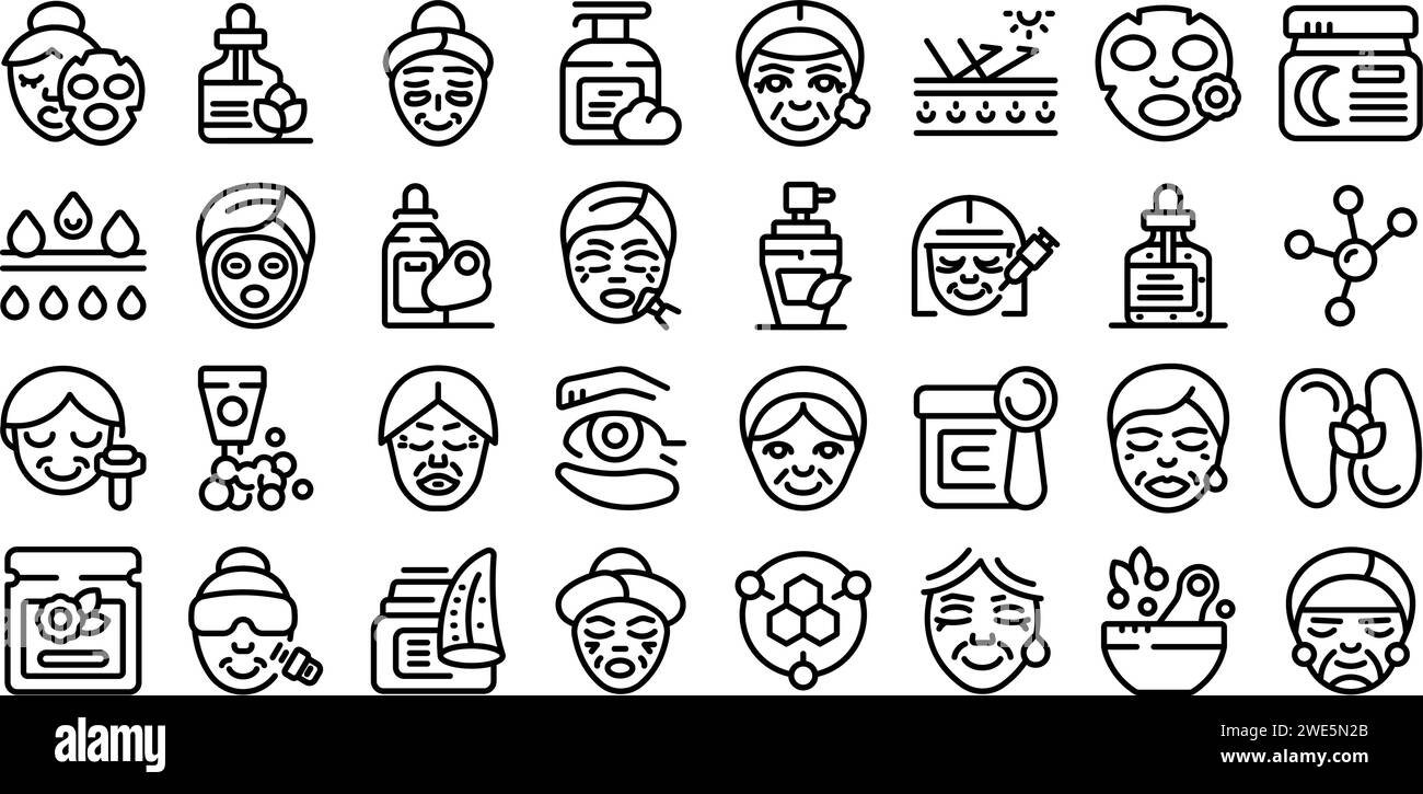 care, skin, aged, woman icons set outline vector. Face mask. Spa wash cream Stock Vector