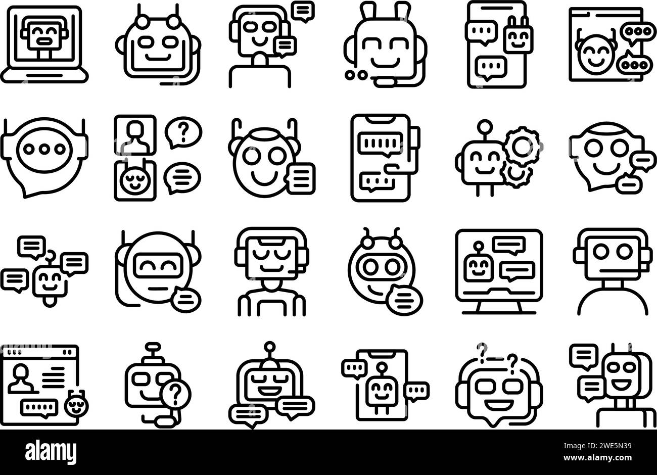 Customer service chatbot icons set outline vector. Ai digital. Website mobile support Stock Vector