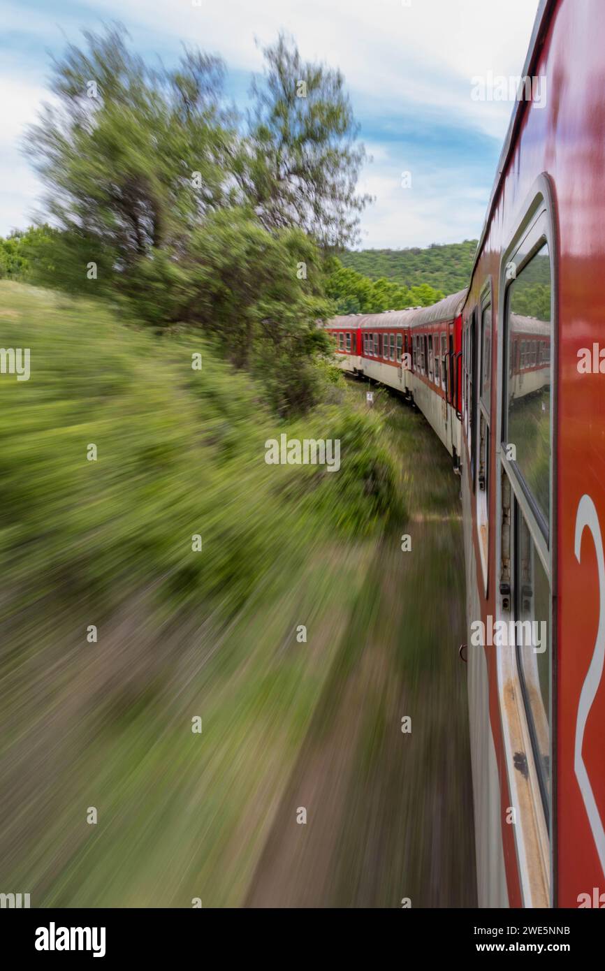Oldest narrowgauge line train in Europe. A motion photo of a moving