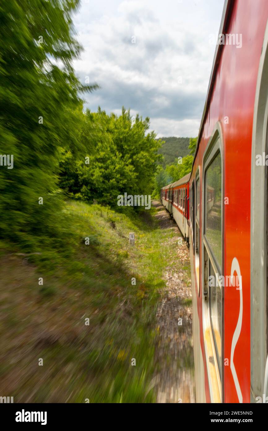 Oldest narrowgauge line train in Europe. A motion photo of a moving