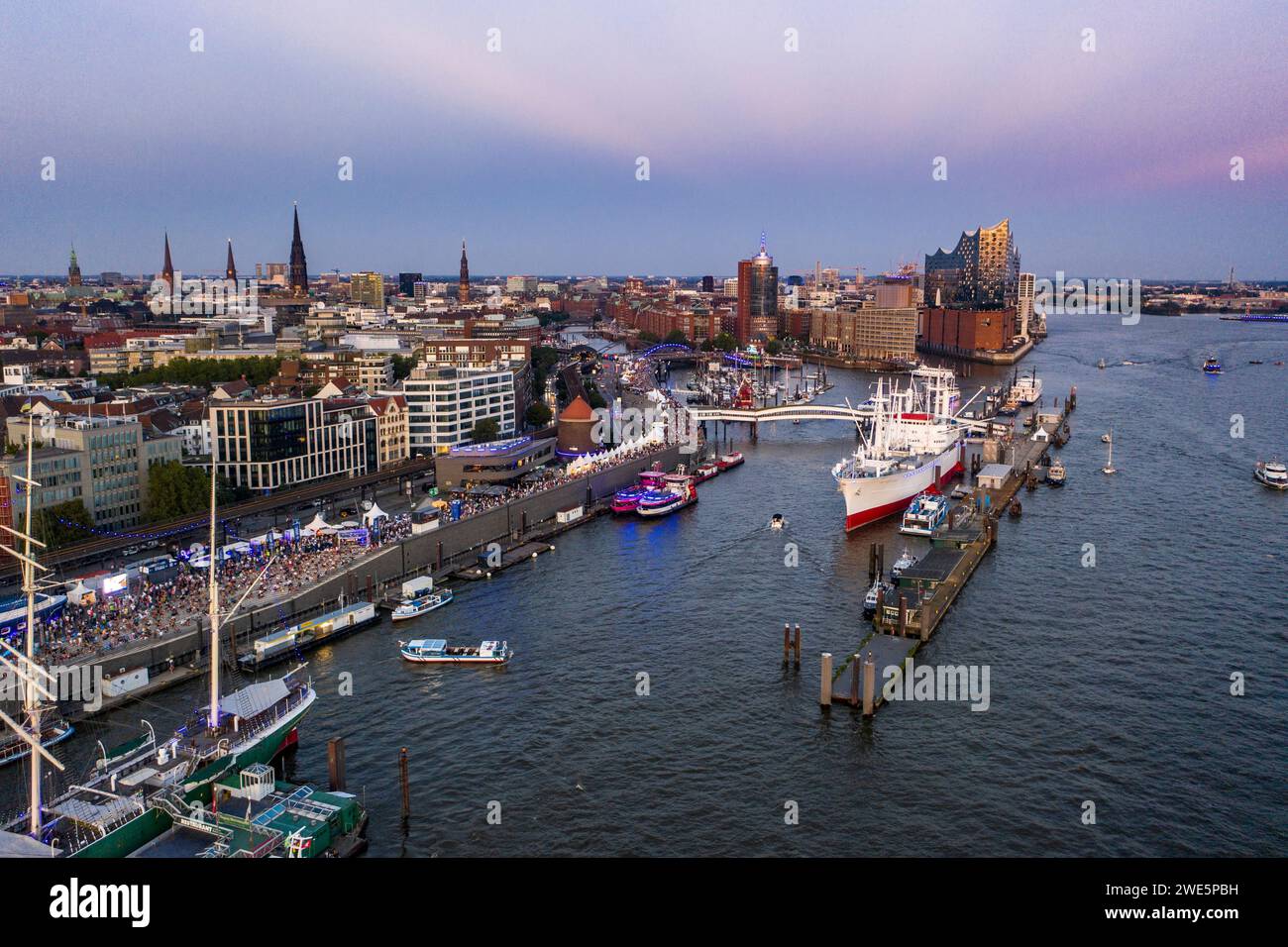 Aerial view of the museum ship Cap San Diego at the Überseebrücke on the Elbe with the Elbphilharmonie in the distance, Hamburg, Hamburg, Germany Stock Photo