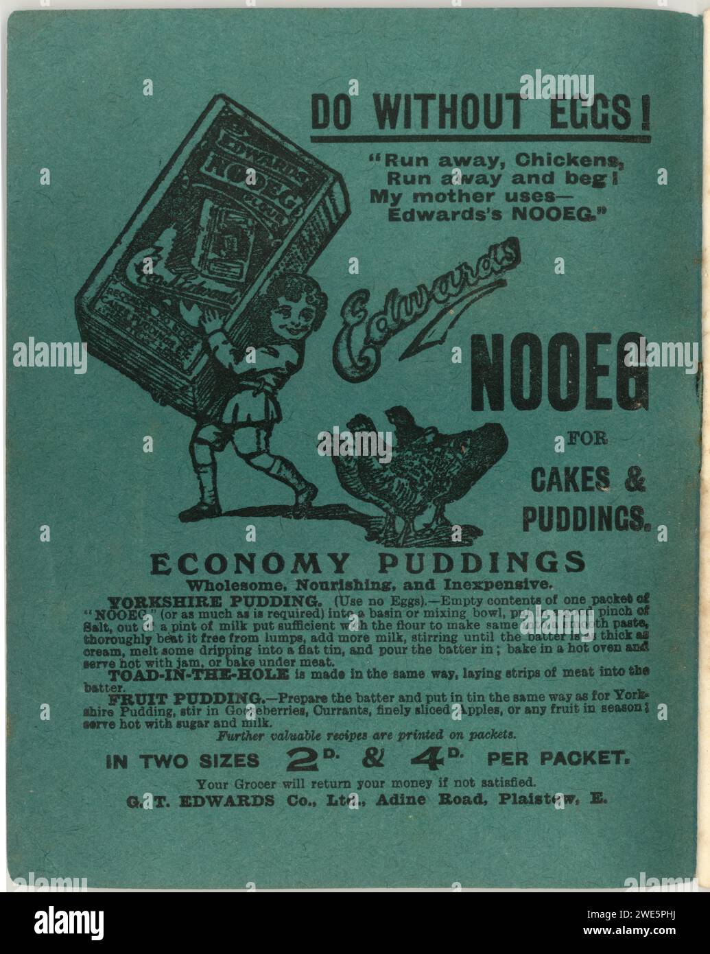 Inside front cover advert for Nooeg of leaflet, booklet, from original WW1 era newspaper publication entitled Cookery Without Eggs, published by The Star, (owned by The Daily News Ltd), published during a time of rising food prices and scarcity of foodstuffs, circa 1918, U.K. Stock Photo