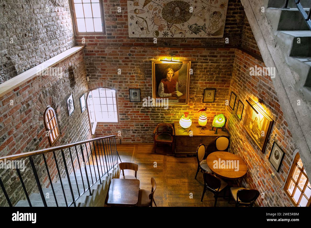 Water tower (Wieza Wodna), staircase to the viewing platform with pictures of Nicholas Copernicus in Frombork (Frauenburg) in the Warmińsko-Mazurskie Stock Photo