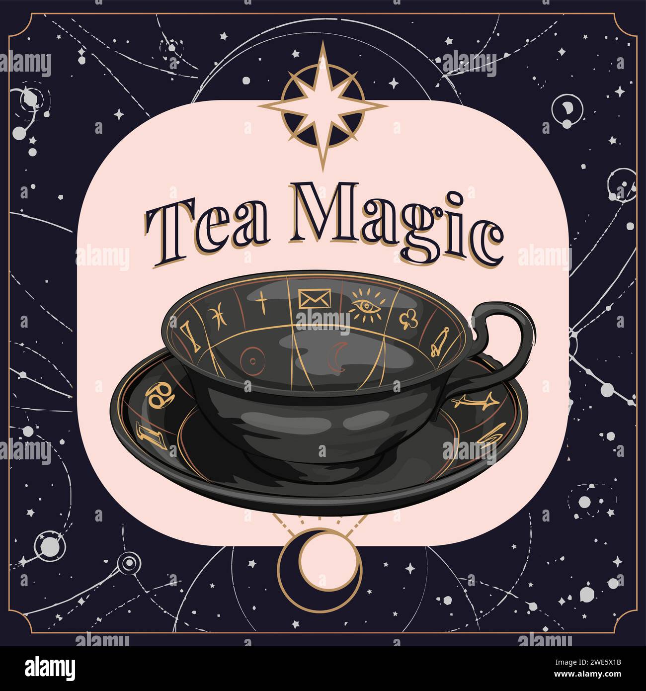 Mystical banner in boho style with magic drink mug, tea time, morning coffee cup. Background for