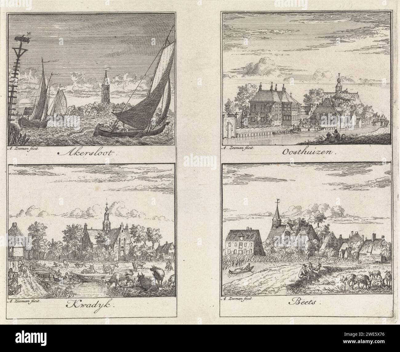 Faces on Akersloot, Kwadijk, Oosthuizen and Beets, Abraham Zeeman, 1732 print Four performances on a magazine. At the top left: View of the village of Akersloot with sailing ships on the Alkmaardermeer in the foreground. Bottom left: View of the village of Kwadijk. At the top right: View of the village of Oosthuizen. At the bottom right: View of the village of Beets. Amsterdam paper etching prospect of village, silhouette of village Akersloot. Kwadijk. Oosthuizen. Beets Stock Photo