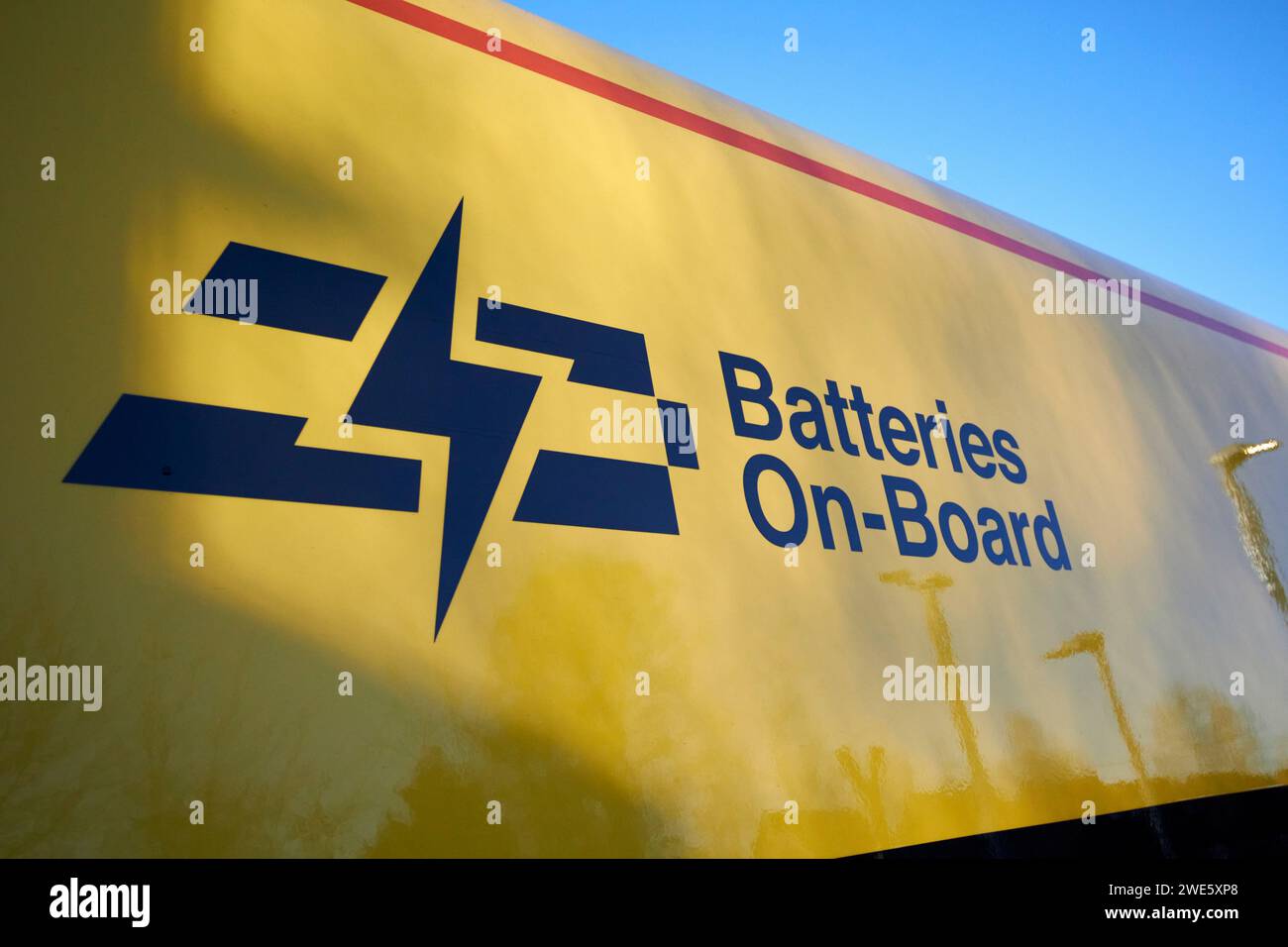 batteries on board sign on the new battery electric merseyrail trains liverpool, merseyside, england, uk Stock Photo