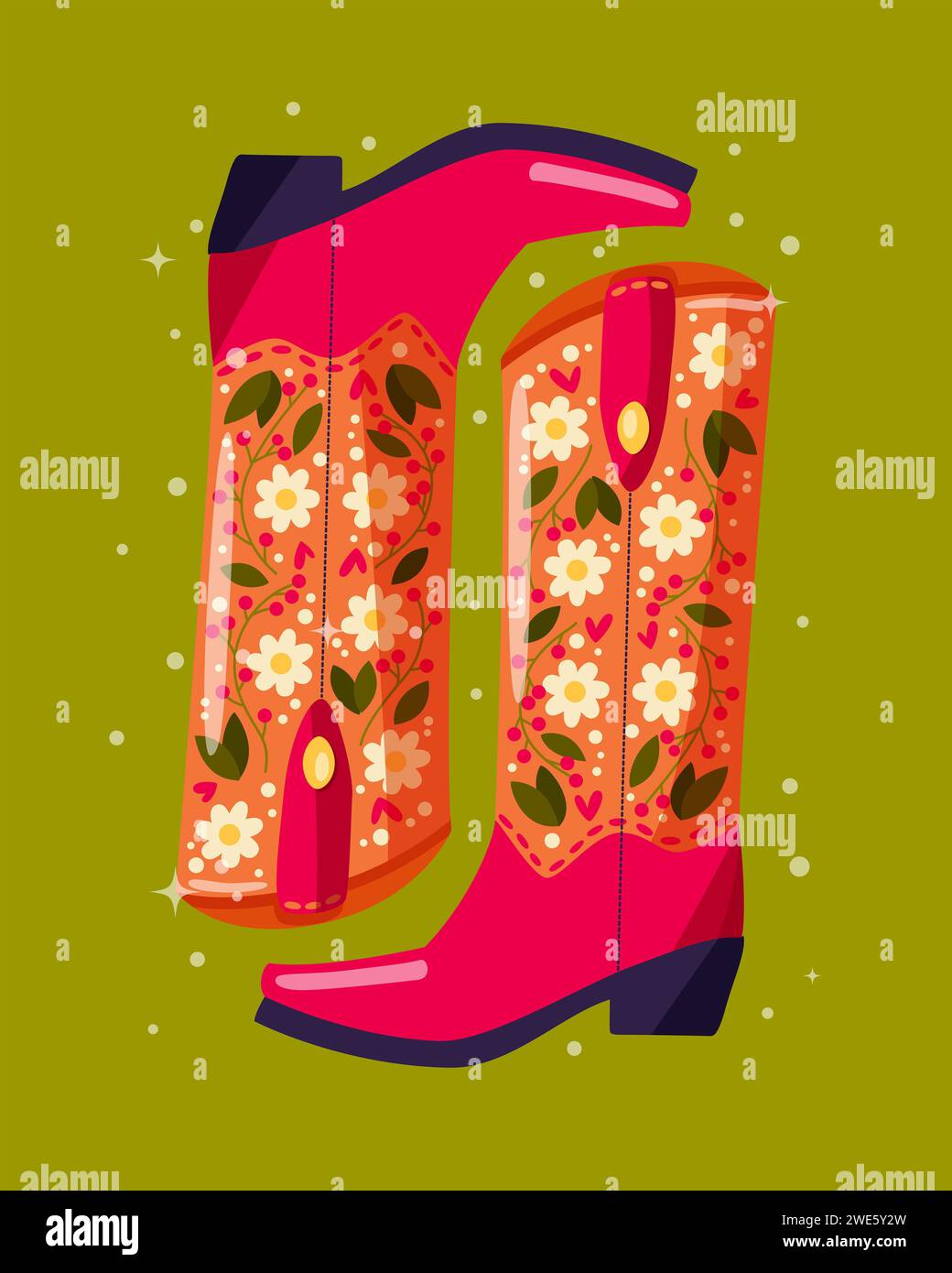 A pair of cowboy boots decorated with flowers on green background