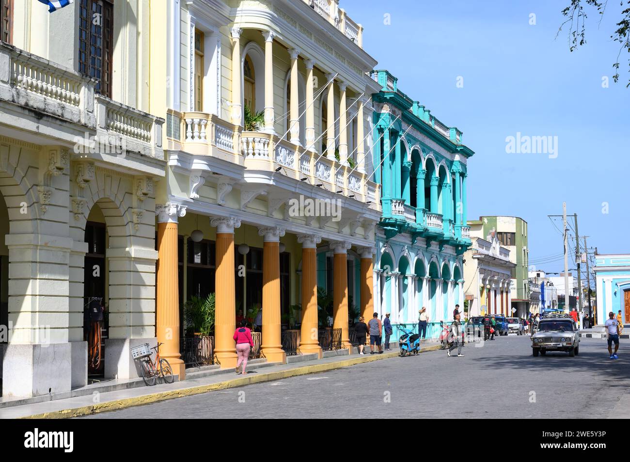 Facade of old colonial buildings in the Parque Leoncio Vidal. The area is a Cuban National Monument Stock Photo