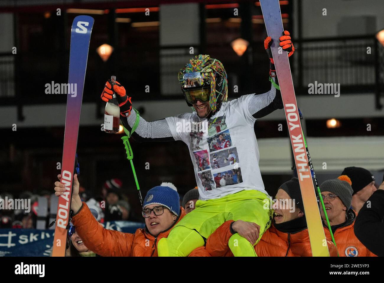 Austria's Roland Leitinger celebrates after running his last race after ...
