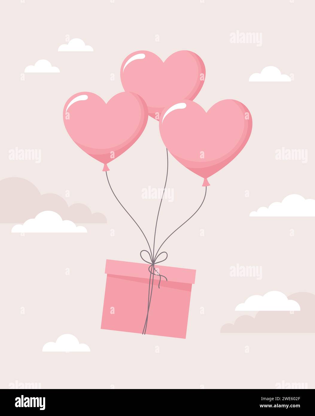 Gift box tied to flying heart balloons on a beige cloudy background ...
