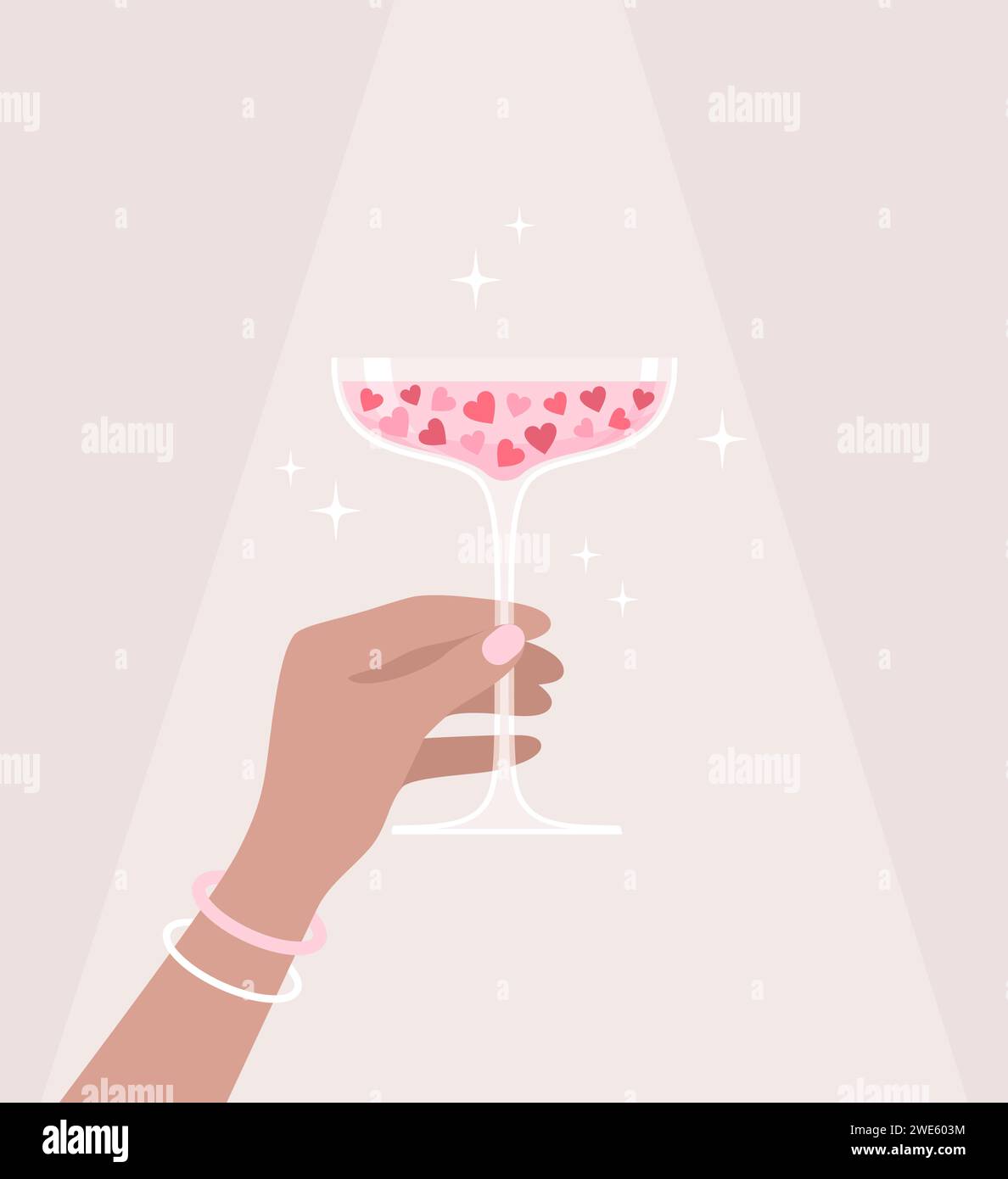 Hand holding drink glass with hearts inside on beige background. Vector illustration in flat style Stock Vector