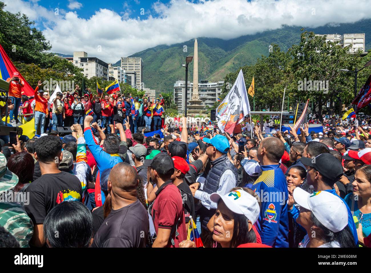 The government of Nicolas Maduro rallies in the streets of Caracas, in celebration of January 23rd in Venezuela. Stock Photo
