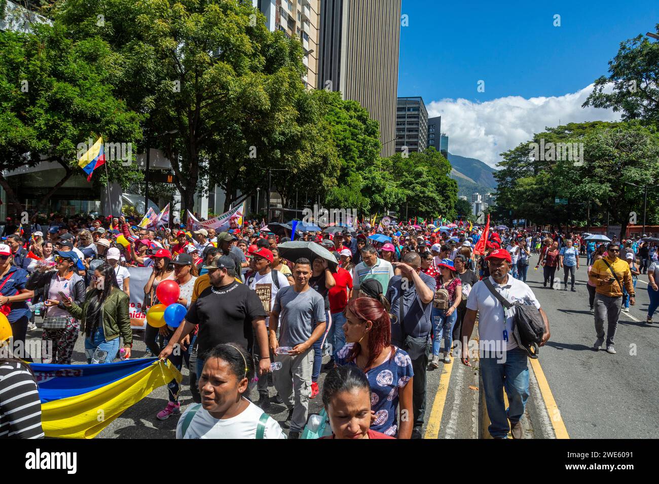 The government of Nicolas Maduro rallies in the streets of Caracas, in celebration of January 23rd in Venezuela. Stock Photo