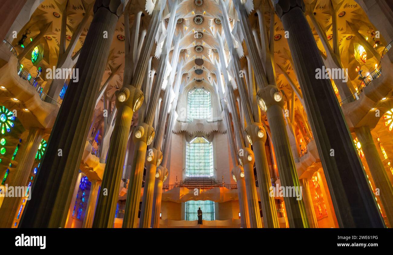 Sagrada Familia interior colered by the stained glass windows colors ...