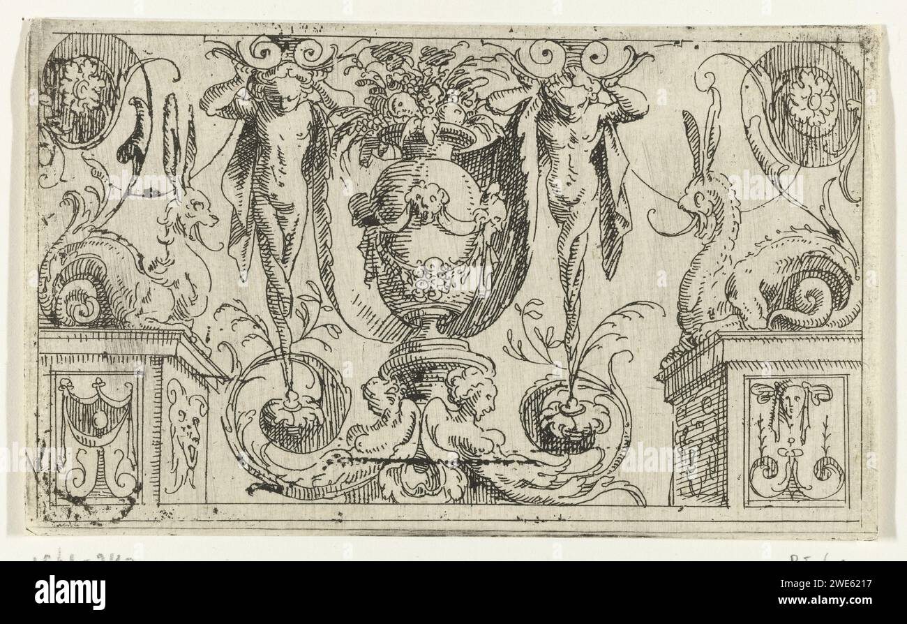 Panel with vase and terms, Edward Pearce, 1647 print A panel with grotesken. Two terms flank a vase in the middle. Left and right pedestals with fantasy animals. London paper etching ornament  grotesque. vase  ornament Stock Photo