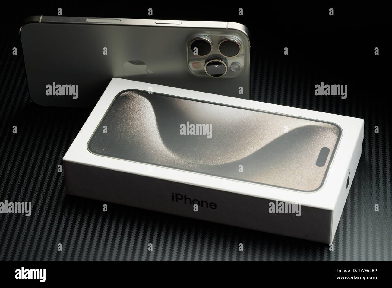 New York, USA - January 23, 2024:  Apple Iphone 15 pro max natural titanium with closed box Stock Photo