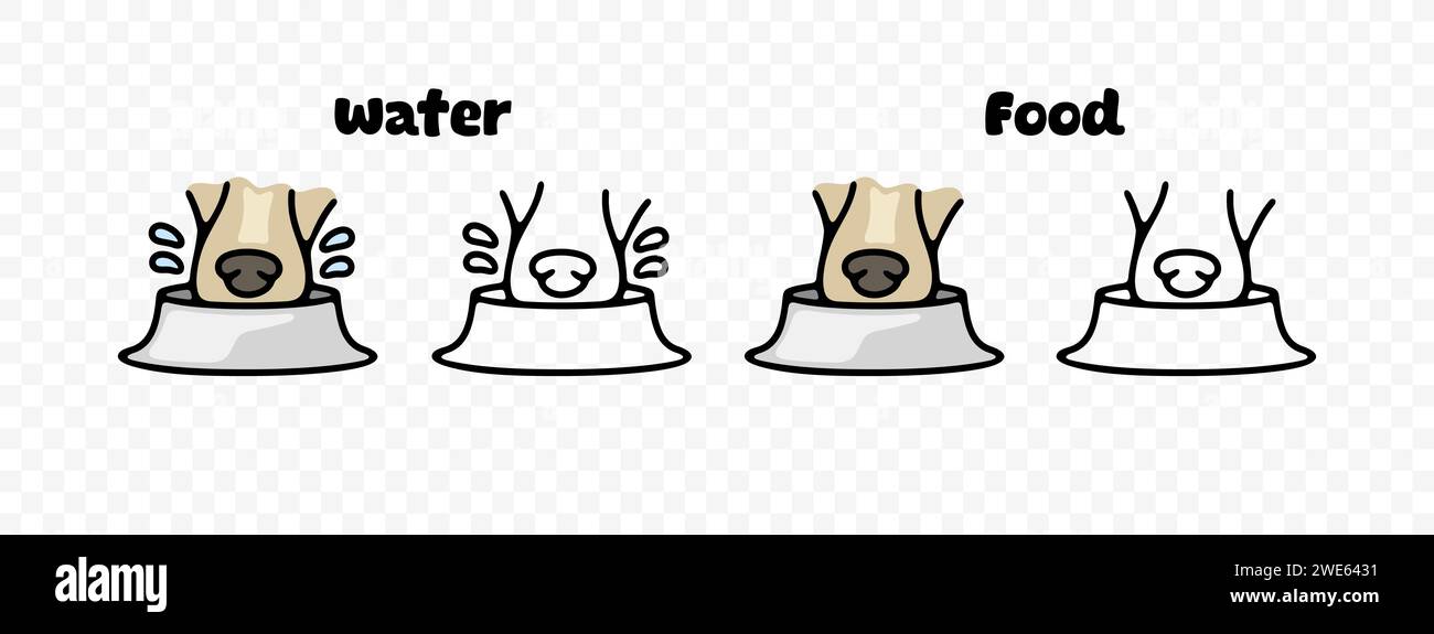Dog eats food and drinks water from bowl, graphic design. Animal and