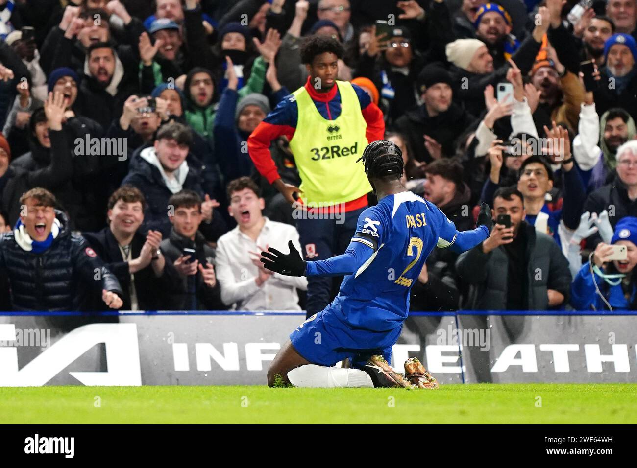 Chelsea's Axel Disasi celebrates scoring their side's third goal of the game during the Carabao Cup semi final second leg match at Stamford Stadium, London. Picture date: Tuesday January 23, 2024. Stock Photo