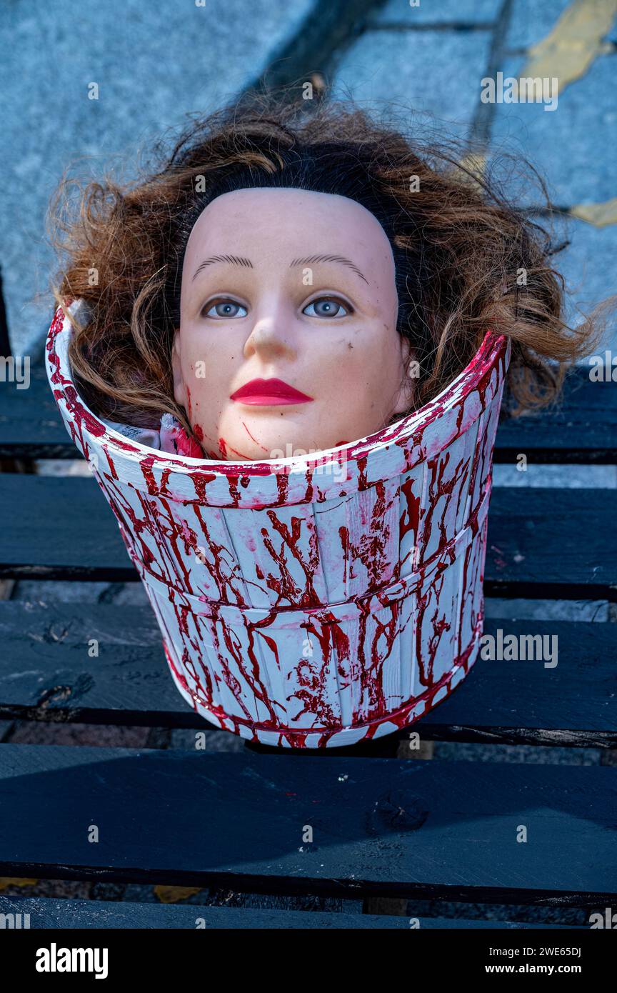 Halloween joke bloddy head in bucket. Stock Photo