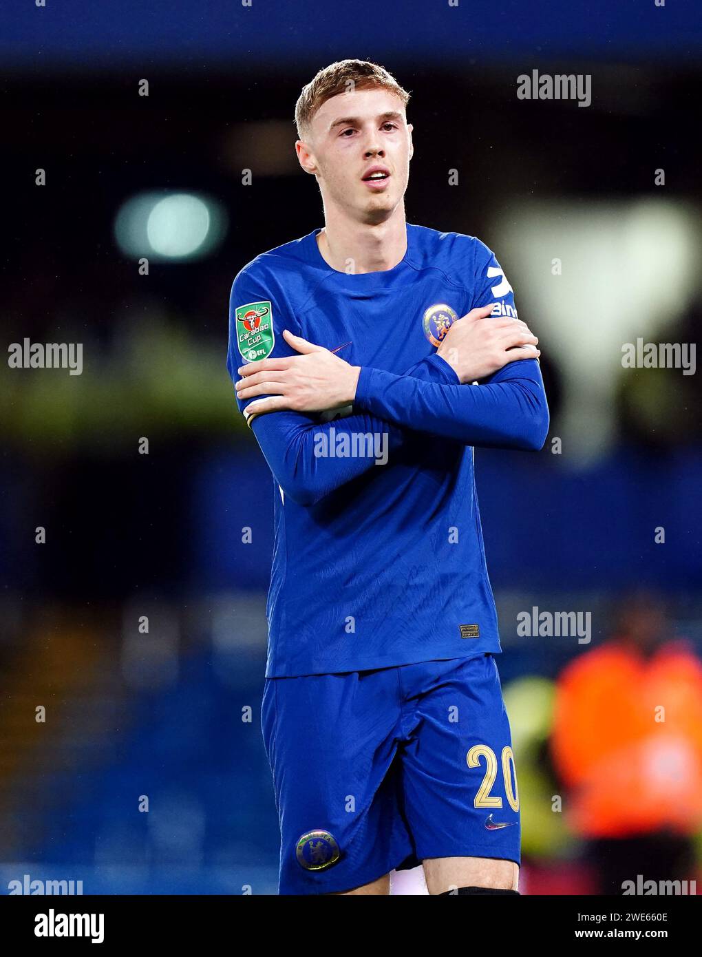 Chelsea's Cole Palmer celebrates scoring their side's fourth goal of the game during the Carabao Cup semi final second leg match at Stamford Stadium, London. Picture date: Tuesday January 23, 2024. Stock Photo