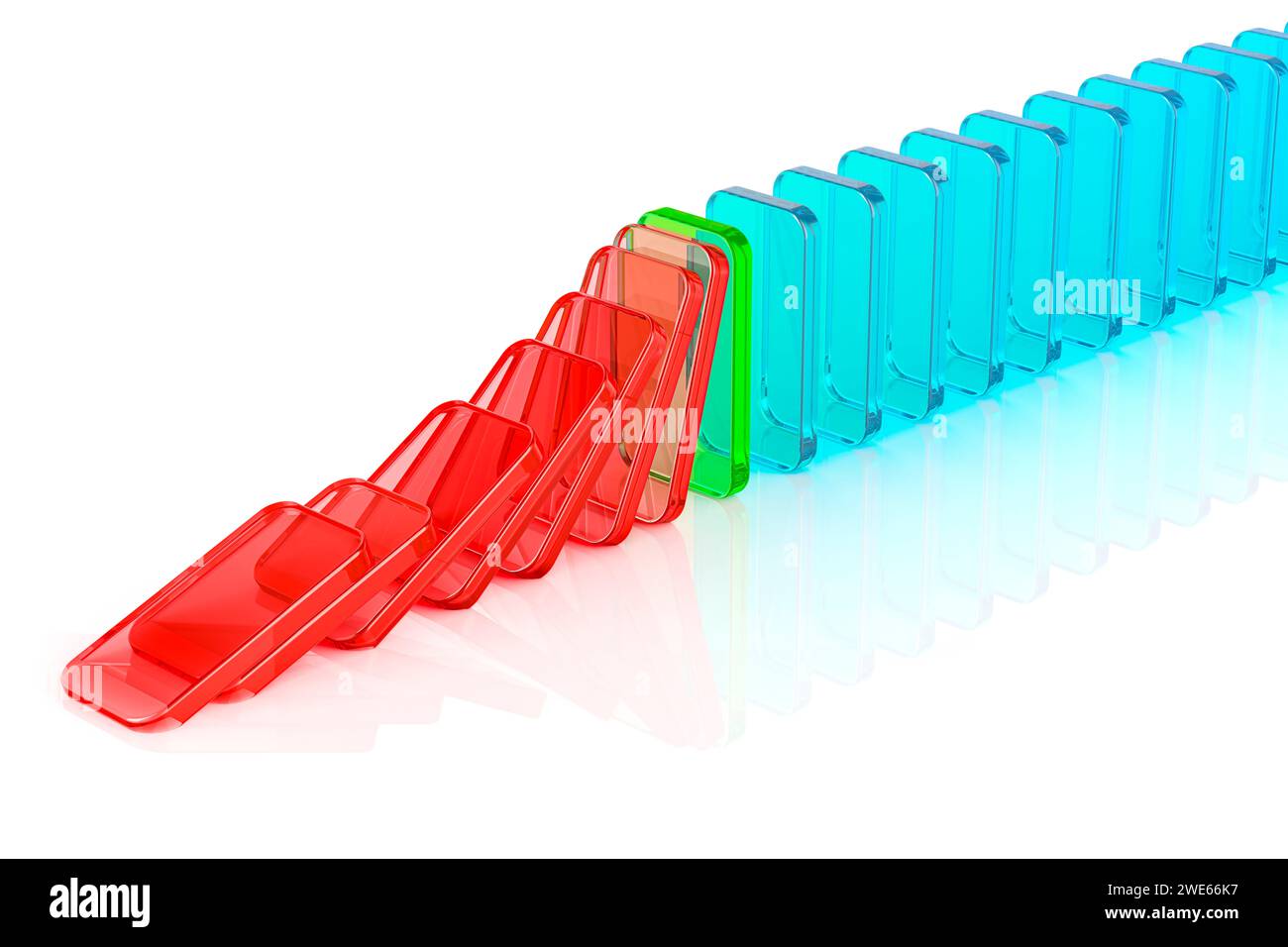 Domino effect from glass colored tiles, 3D rendering isolated on white ...