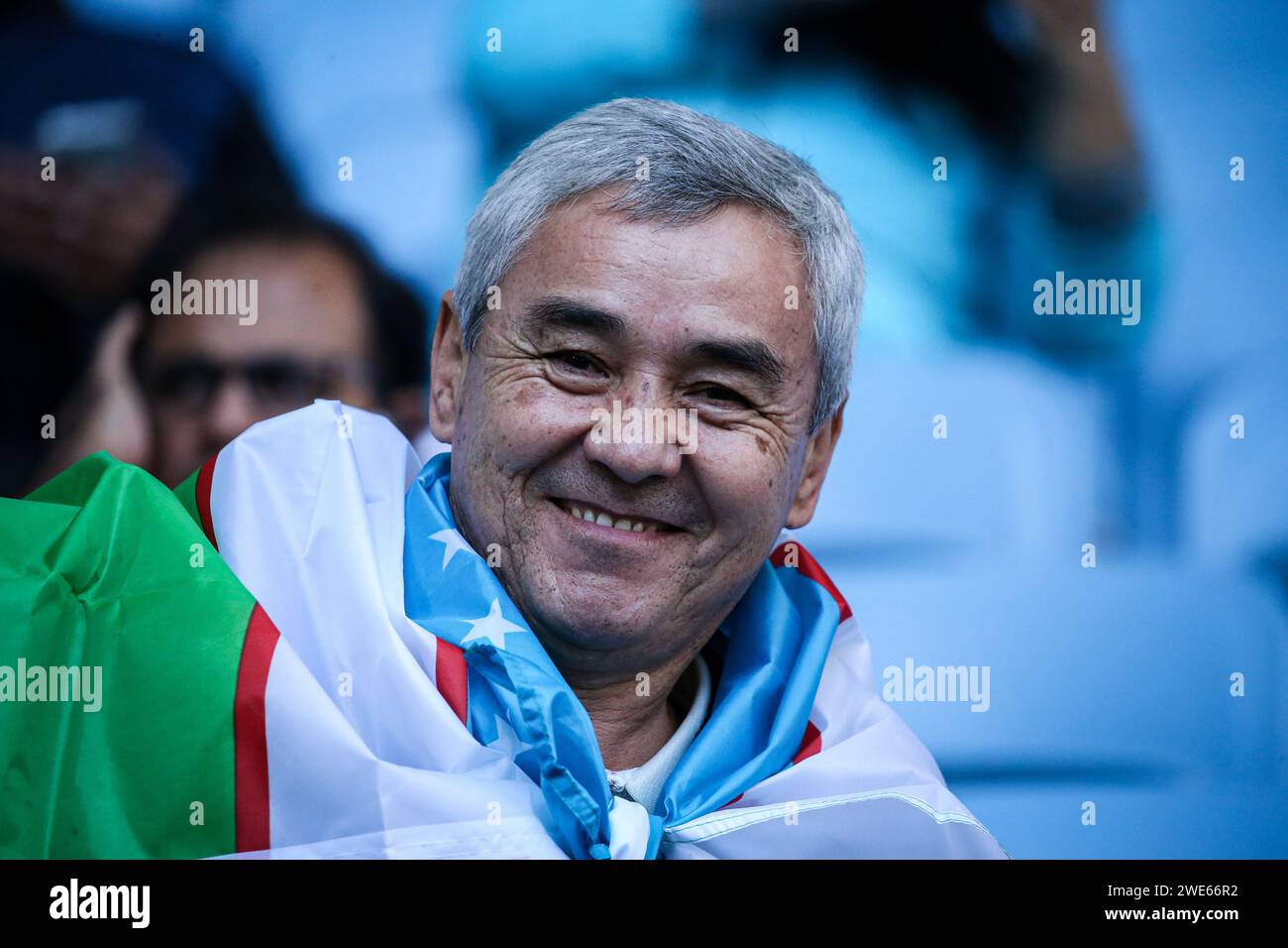 Doha, Qatar, 23 Jan 2024, AFC Asian Cup Qatar 2023 Group B - Australia 1:1 Uzbekistan, Australia’s Martin Boyle and Uzbekistan’s Azizbek Turgunboev scored. Fans cheering for their teams advancing to last 16. Stock Photo