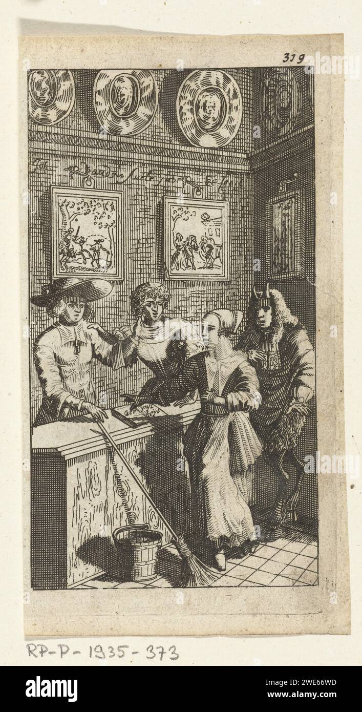 De Feigne Devil, Johannes Jacobsz van den Aveele, 1682 print  Amsterdam paper etching Christian religion (+ devil(s)). maid  house personnel Stock Photo