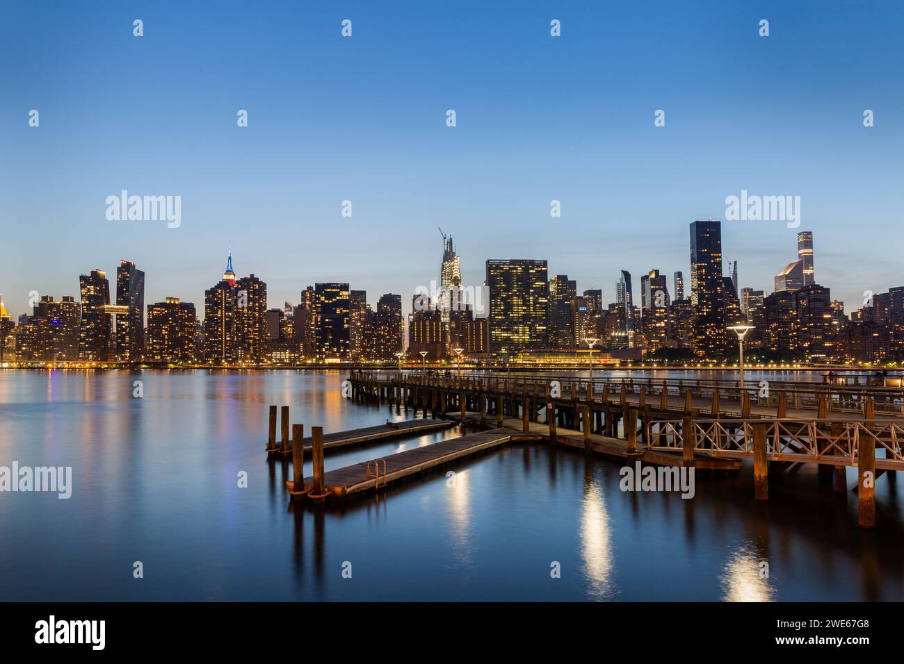 A midtown Manhattan and East River view from Long Island city at dusk long exposure Stock Photo