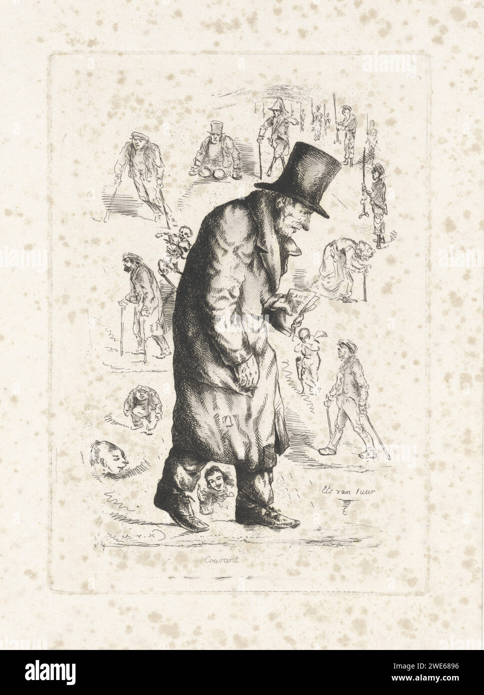 High hat man against and sketches of people with different physical