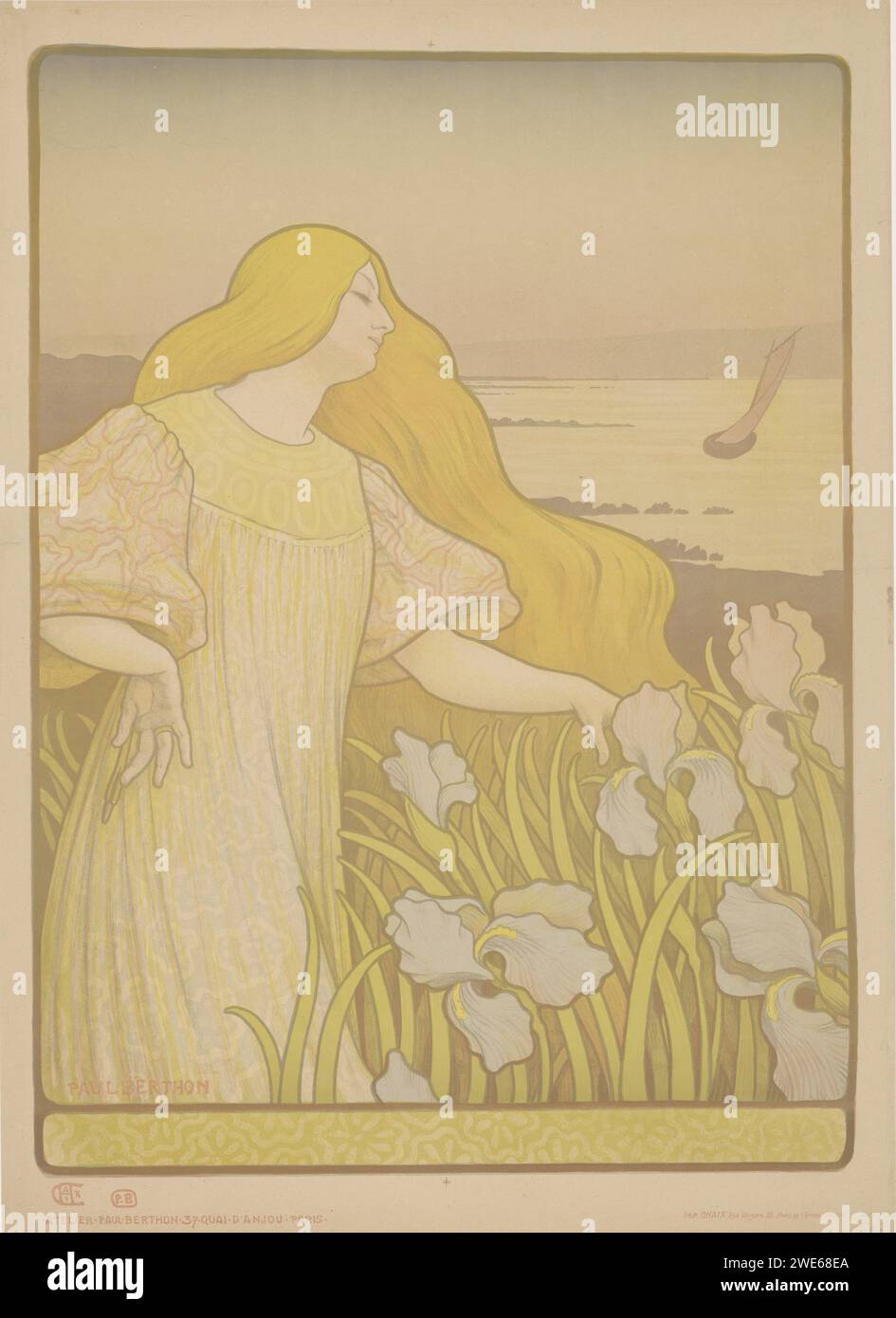 Woman between Irissen, Paul Berthon, 1899 print  print maker: Franceprinter: Paris paper  flowers. standing figure - AA - female human figure. coast Stock Photo