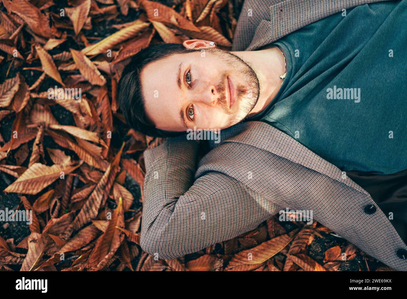 Smiling young man relaxing on autumn leaves Stock Photo