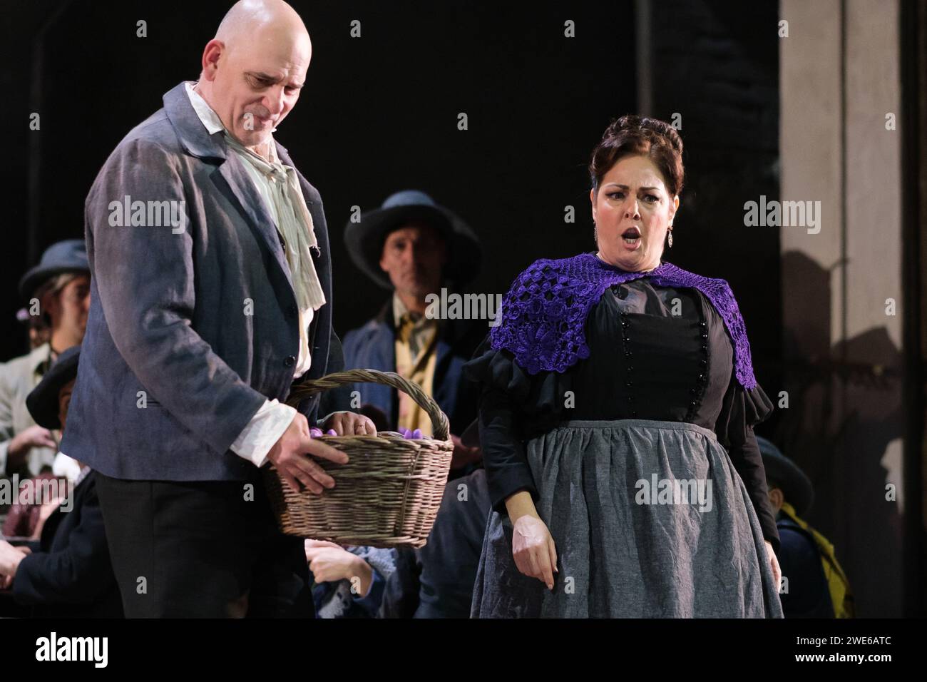 Actors perform during the presentation of the opera LA ROSA DEL AZAFRAN at the Zarzuela Theater in Madrid. January 23, 2024 Spain Stock Photo
