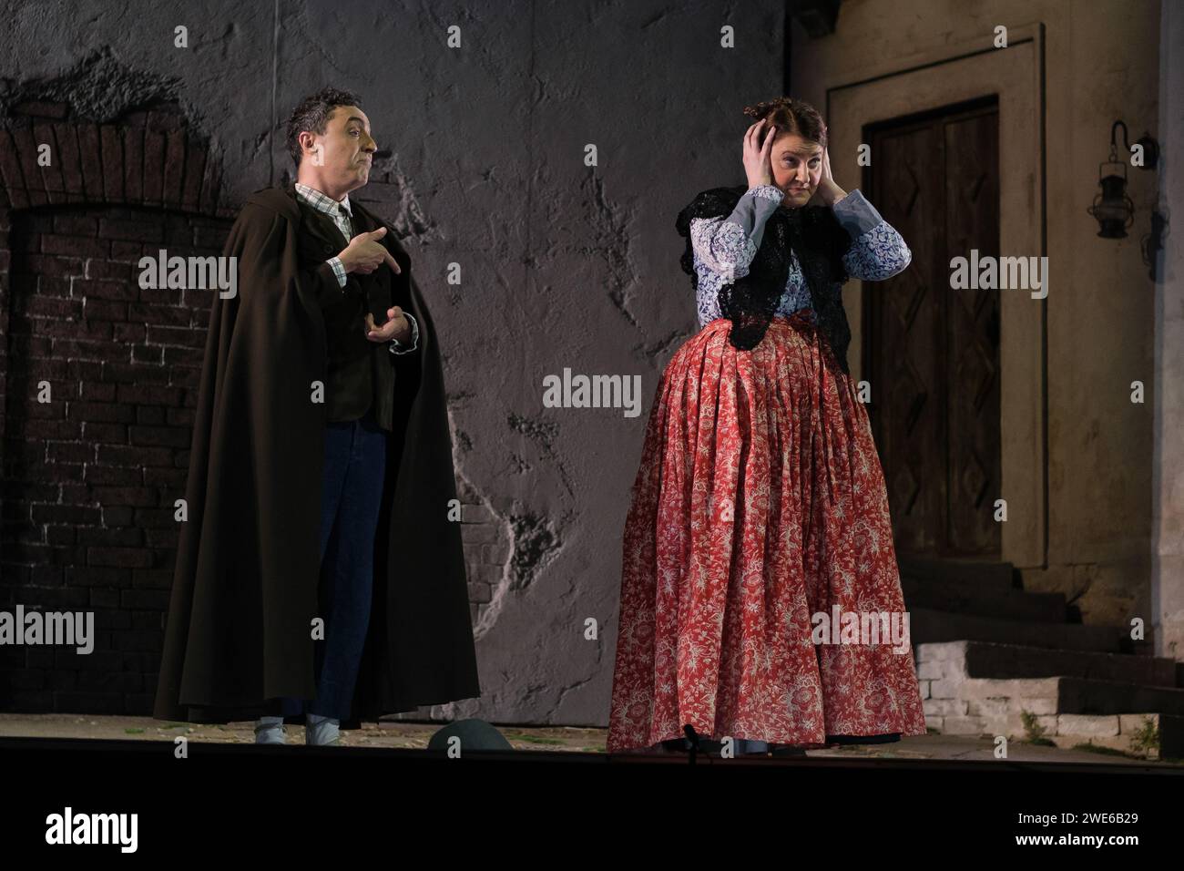 Actors perform during the presentation of the opera LA ROSA DEL AZAFRAN at the Zarzuela Theater in Madrid. January 23, 2024 Spain Stock Photo