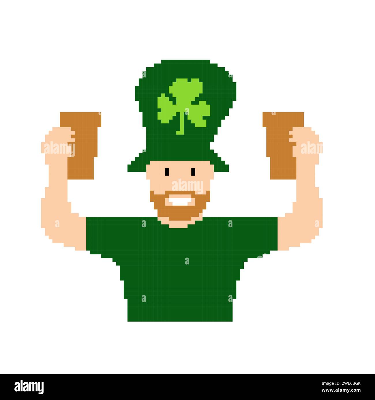 Saint Patrick Day celebration. Man in green clothes and traditional hat with beer glasses in hands. Pixel style cute vector illustration. Vector illus Stock Vector