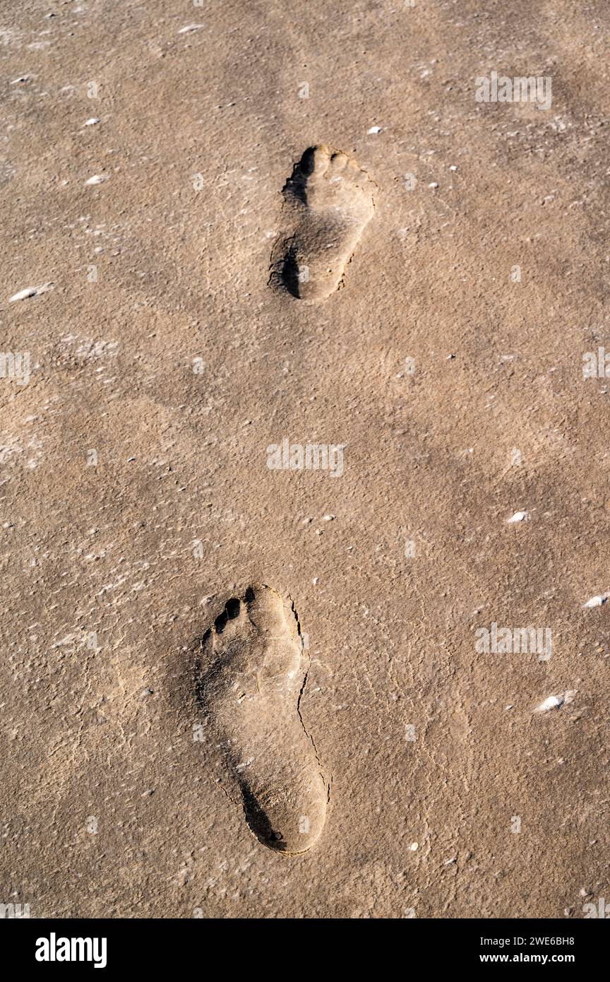 Two footprints in brown mud Stock Photo