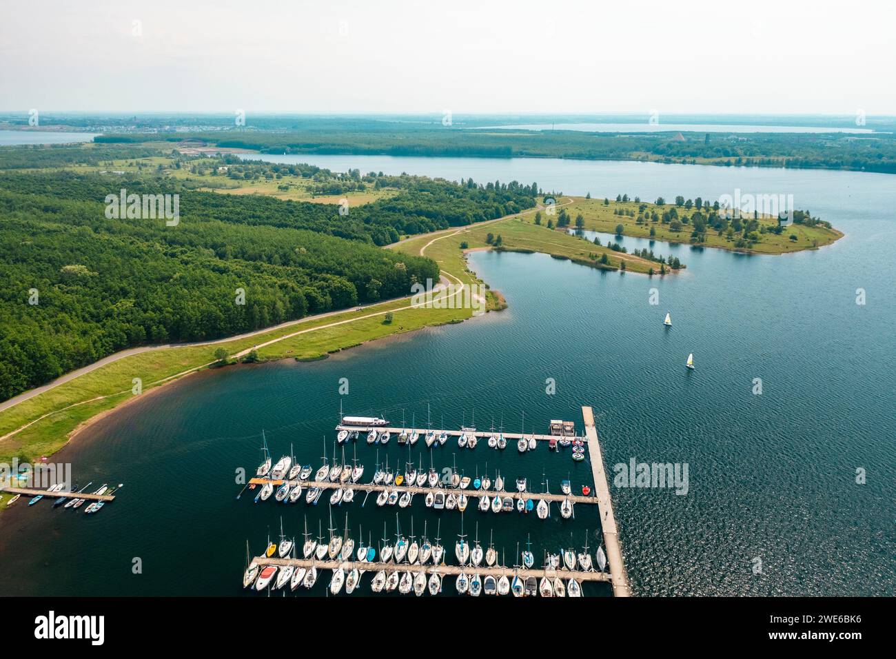 Germany, Saxony, Leipzig, Aerial view of marina on Cospudener See lake Stock Photo