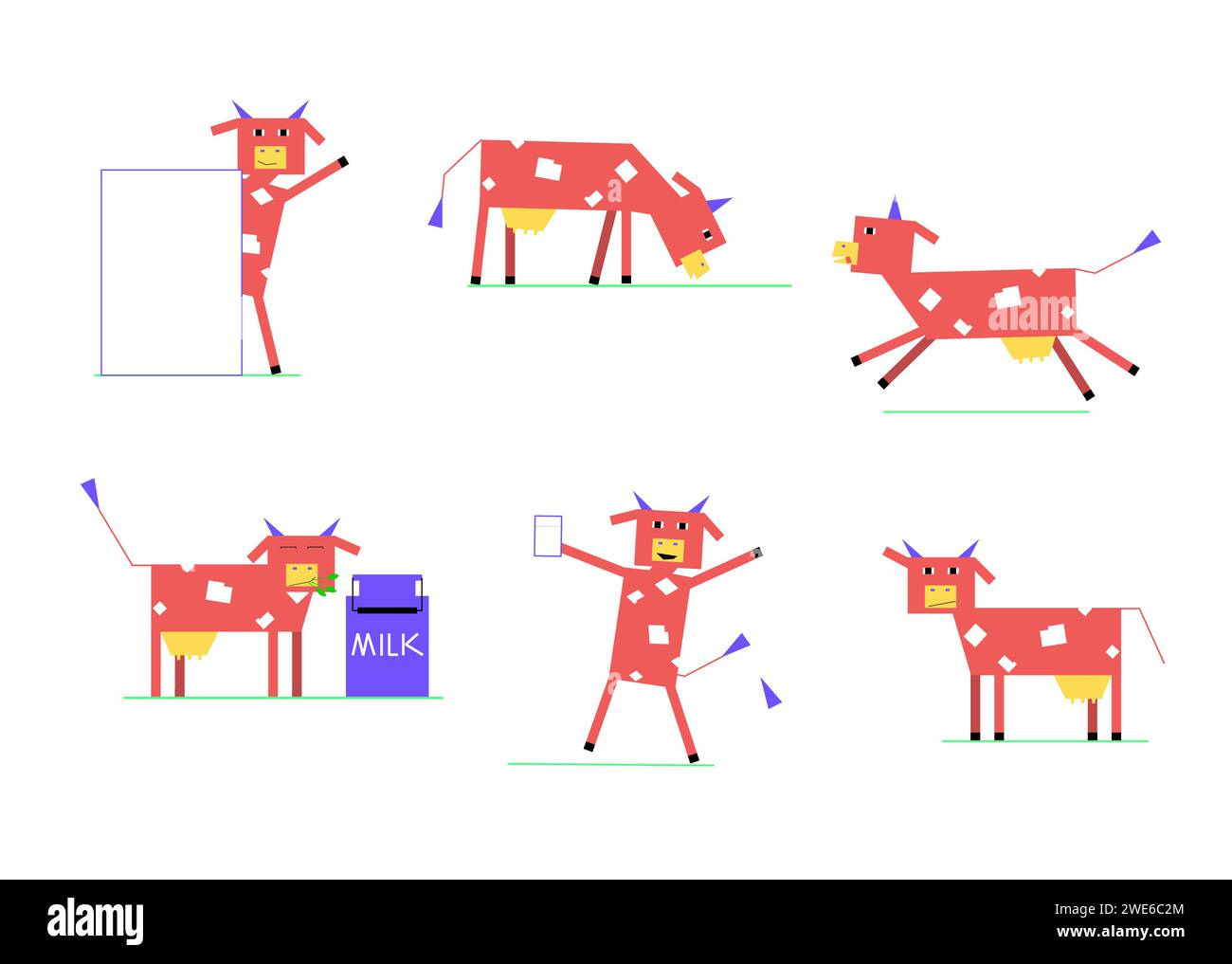 Cute geometric cow in various poses for dairy brand, children book or cartoon. Vector illustration Stock Vector