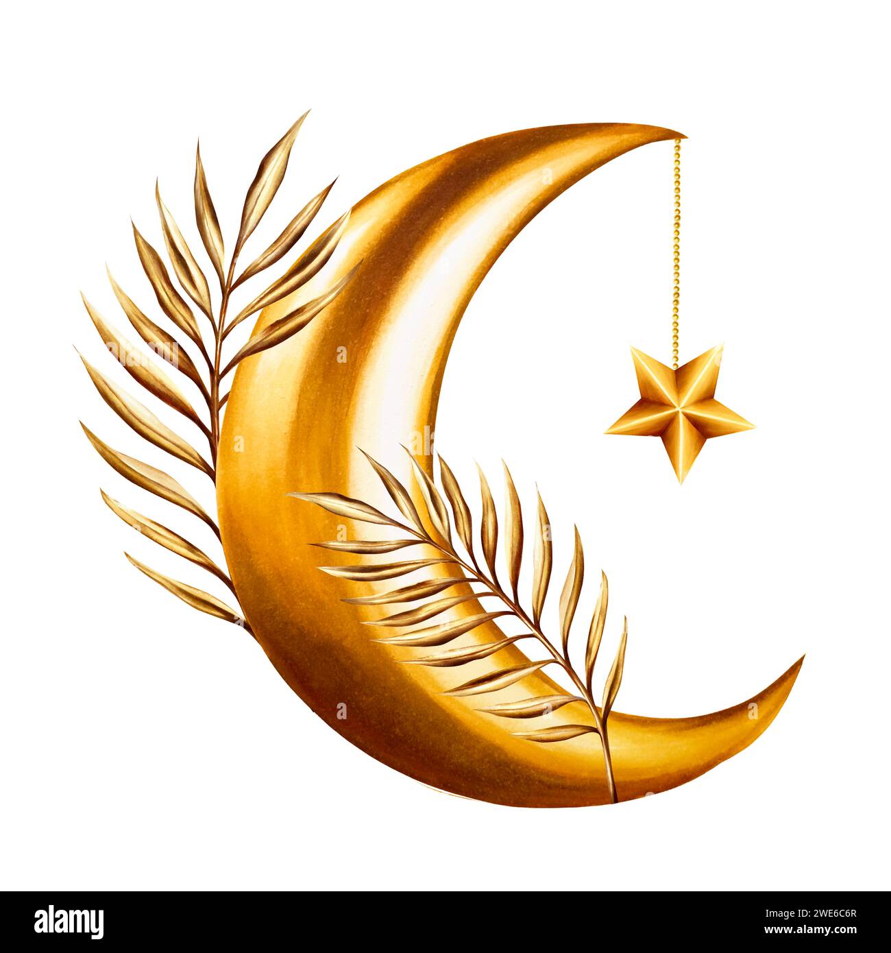 Watercolor illustration of Islamic arabian golden crescent moon, star
