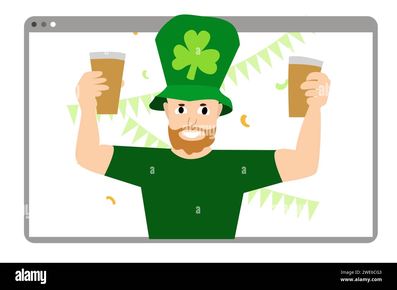 Saint Patrick Day celebration. Man in green clothes and traditional hat with beer glasses in hands. Flat style cute vector illustration. Vector illust Stock Vector