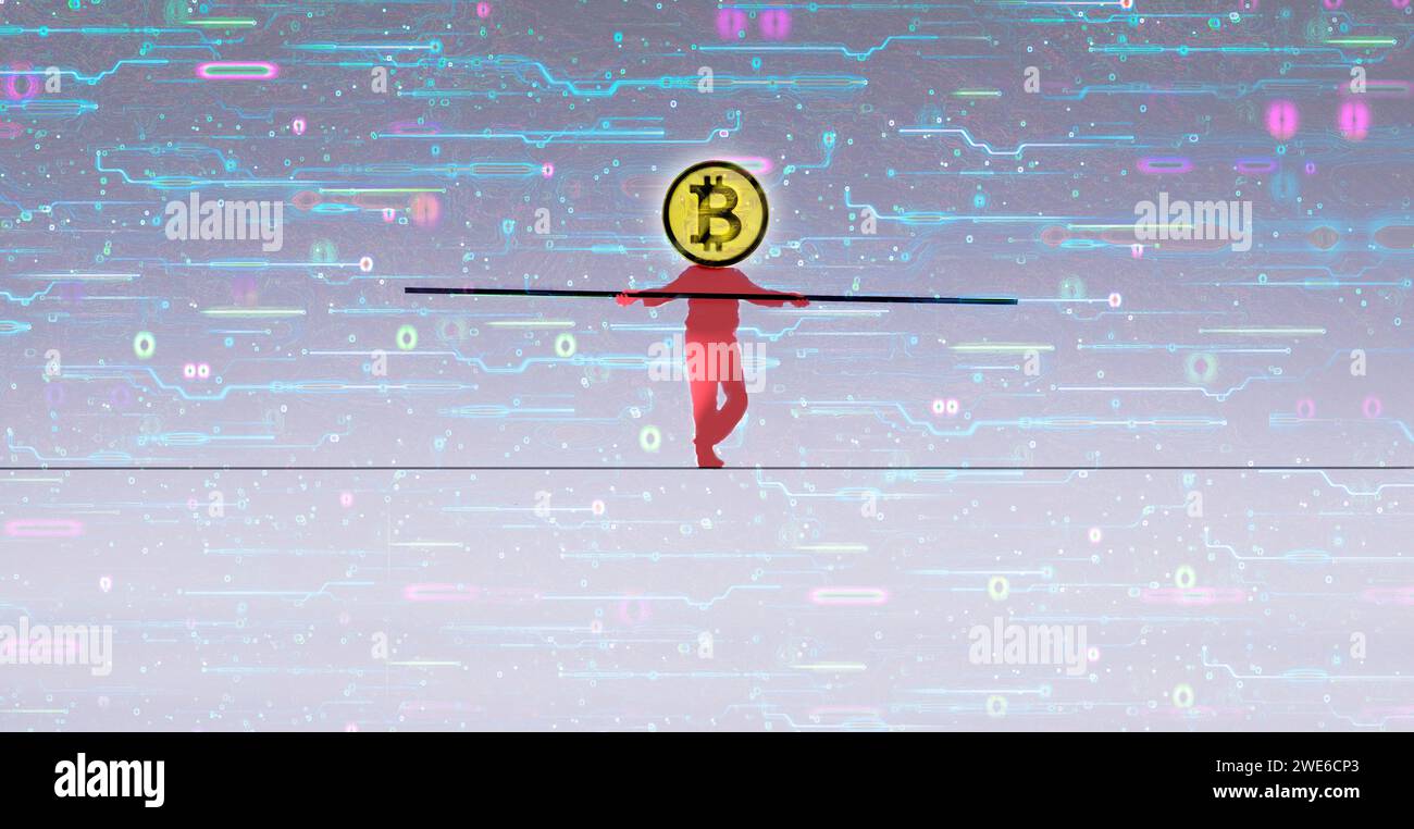Man walking on tightrope with bitcoin over head Stock Photo