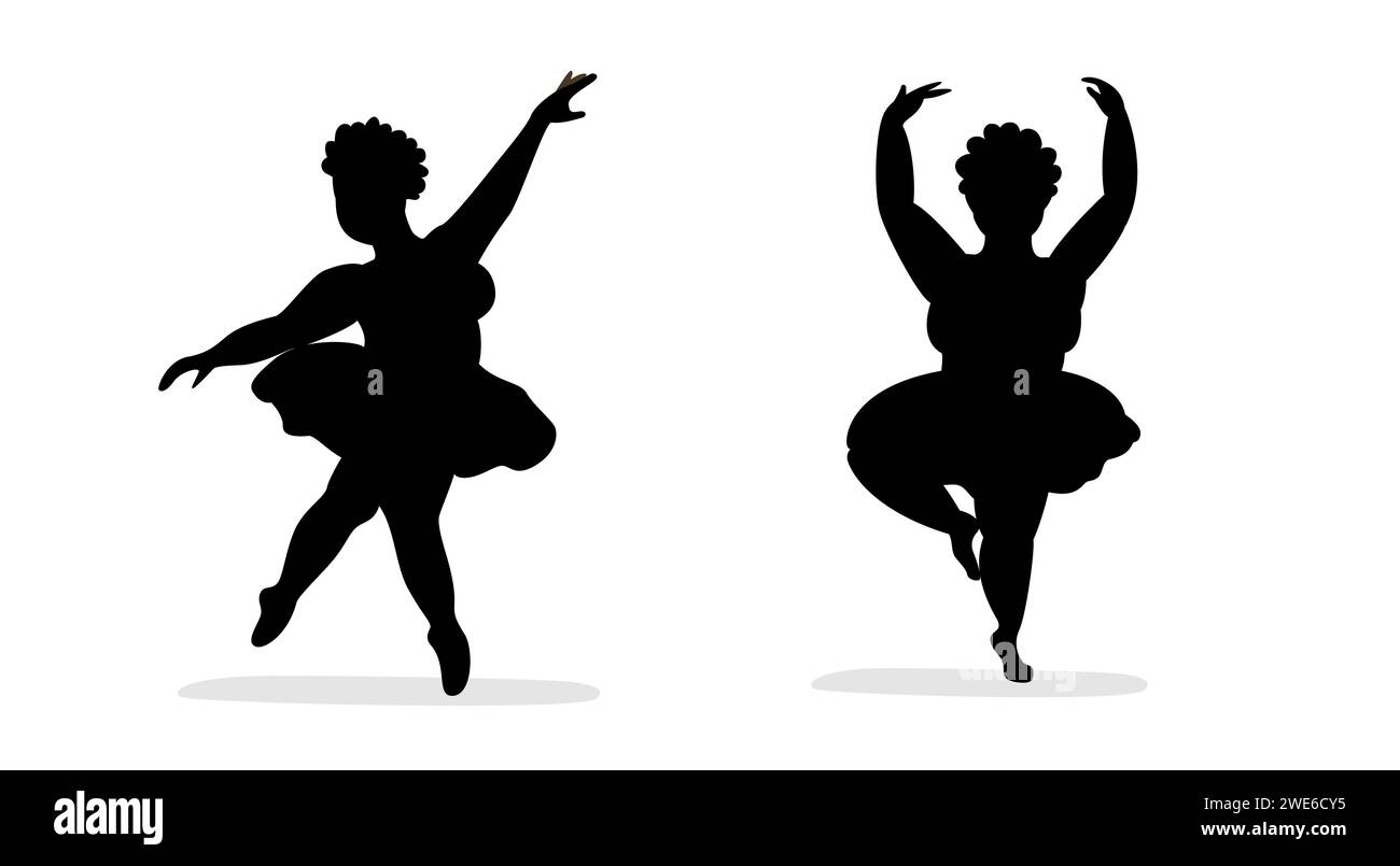 Plus size ballerina. Body positive lady silhouette. Ballet for everybody. Vector illustration Stock Vector