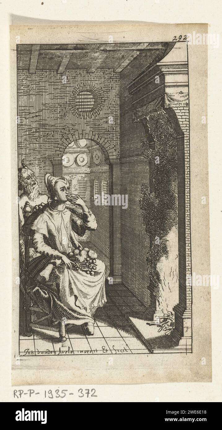The Lekker Devil, Johannes Jacobsz van den Aveele, 1682 print A maid sits on a chair by a fire. She eats fruit that she has in her lap. Behind her chair is a devil.  paper etching Christian religion (+ devil(s)). maid  house personnel Stock Photo