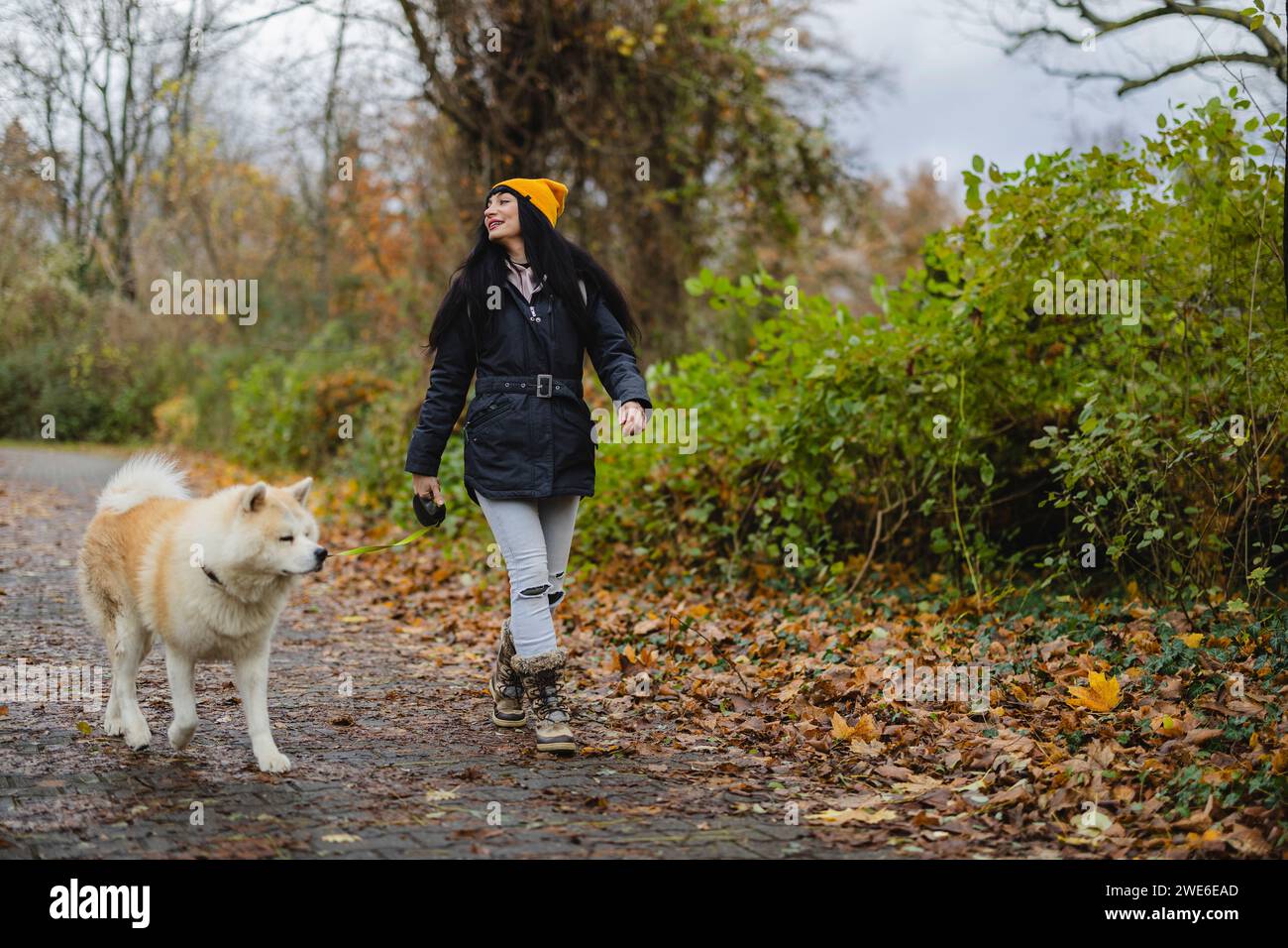 Smiling woman walking with dog on footpath at autumn park Stock Photo