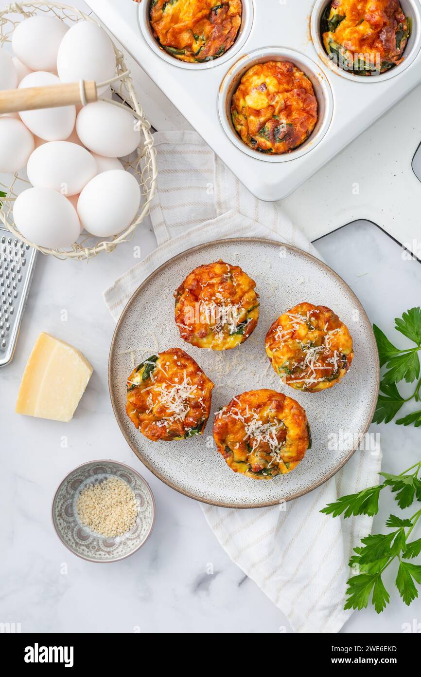 Homemade healthy spinach and cheese egg muffins, high protein and low