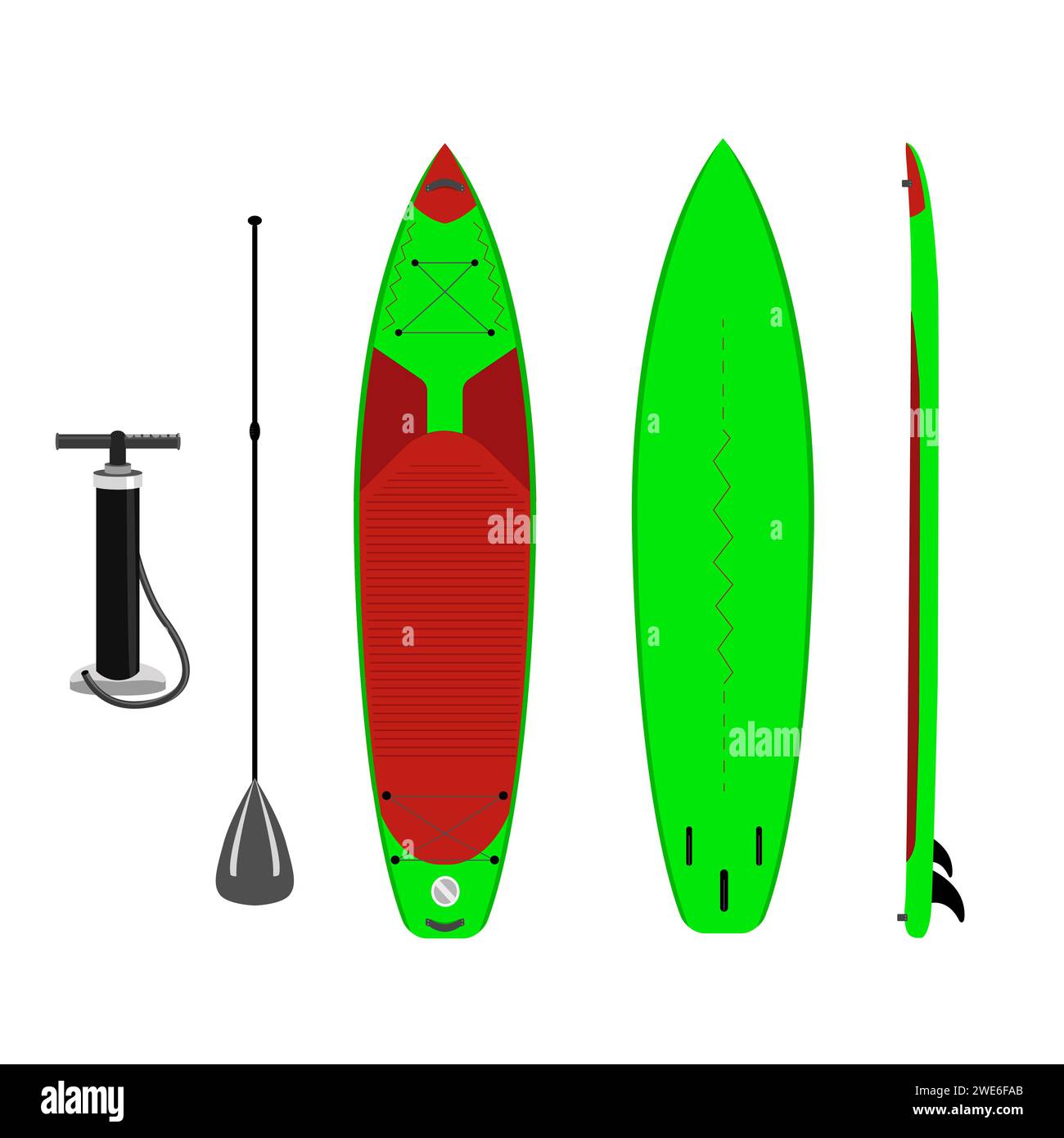 Paddle board set of objects isolated illustration. Stock Vector