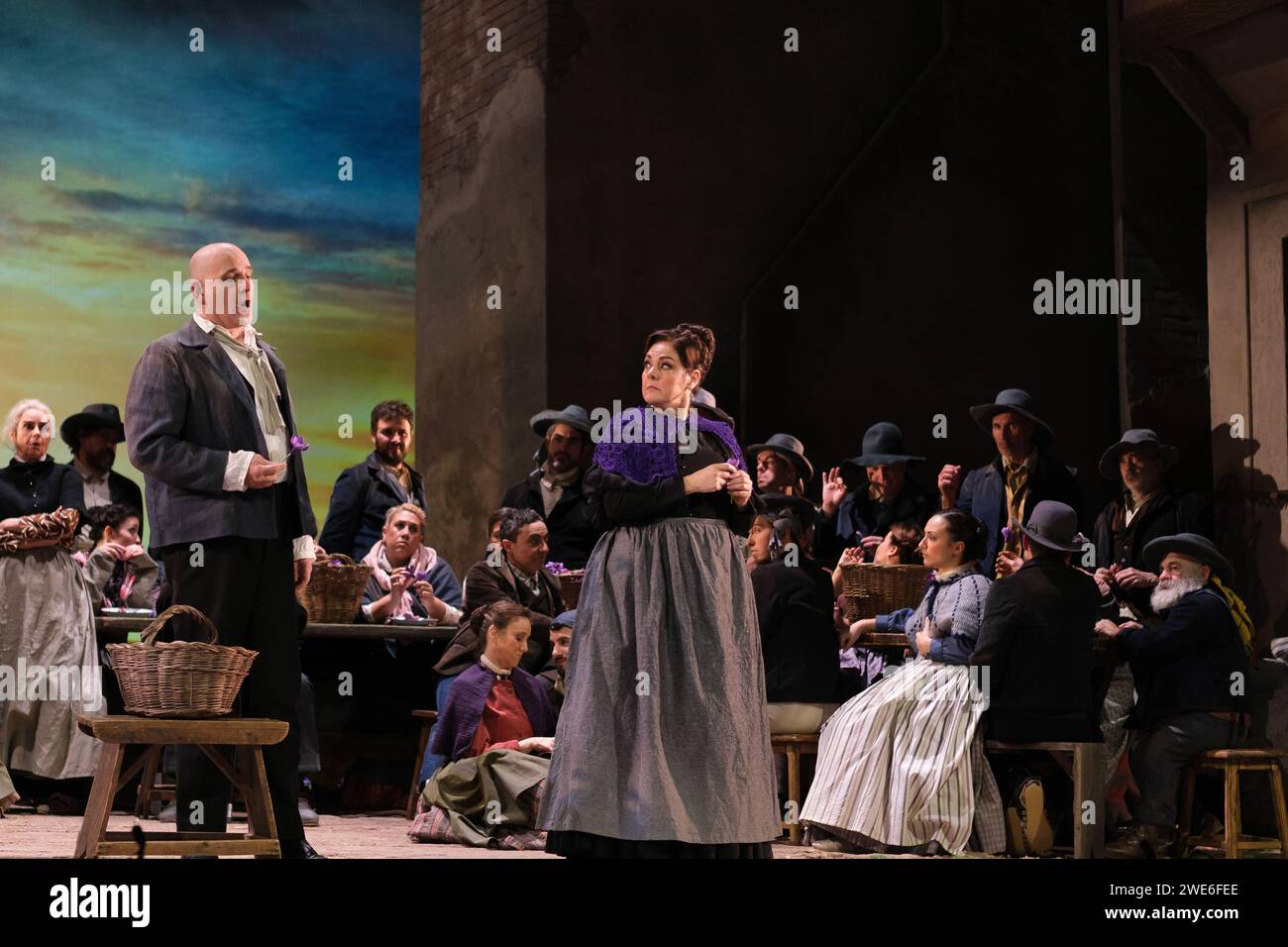 Madrid, Spain. 23rd Jan, 2024. Actors perform during the presentation of the opera LA ROSA DEL AZAFRAN at the Zarzuela Theater in Madrid. January 23, 2024 Spain (Photo by Oscar Gonzalez/Sipa USA) (Photo by Oscar Gonzalez/Sipa USA) Credit: Sipa USA/Alamy Live News Stock Photo