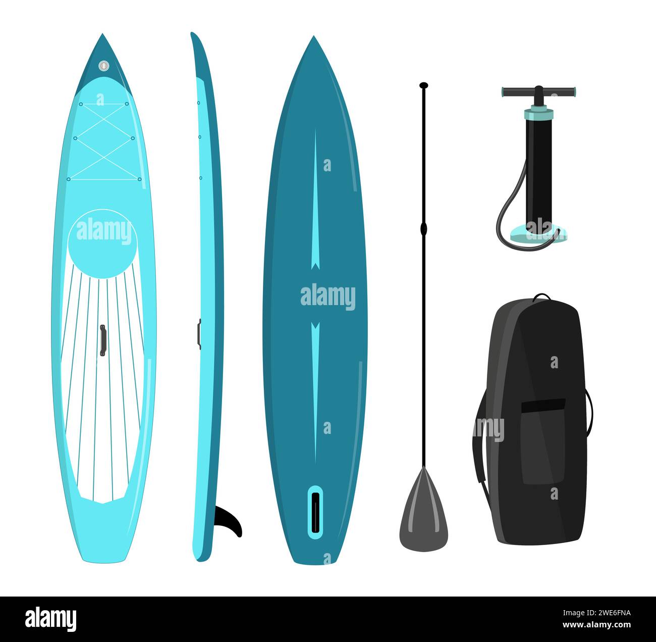 Paddle board set of objects isolated illustration. Stock Vector