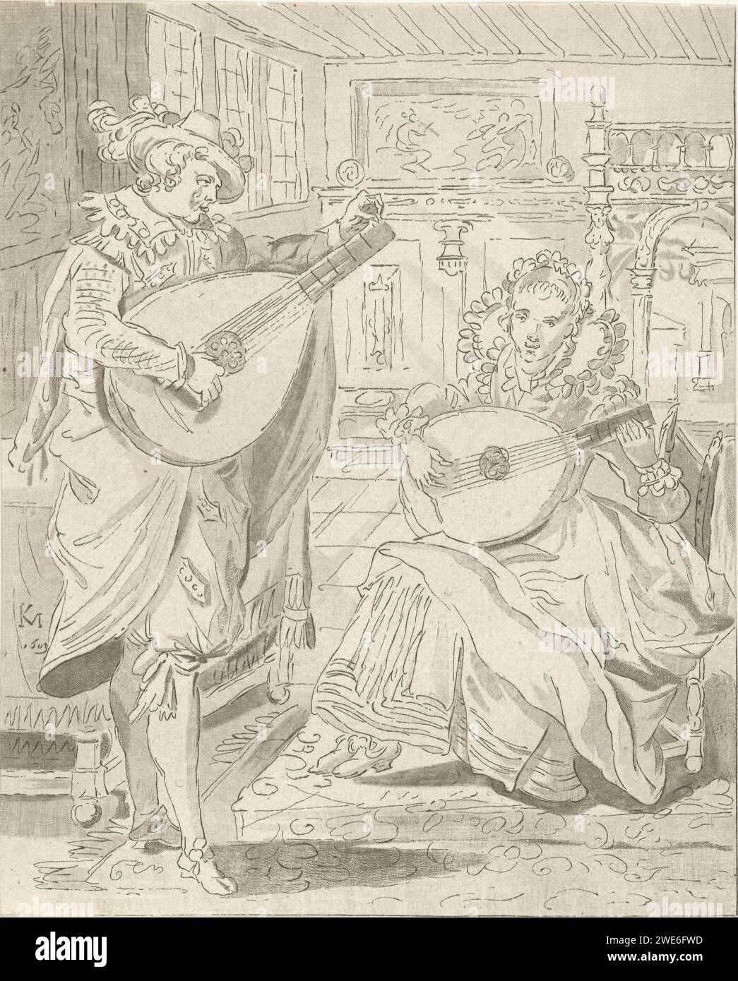 Luiten playing Lord and Dame, Cornelis Ploos van Amstel, After Karel van Mander (I), 1772 - 1774 print Interior with a man and a woman who both play the lute. Amsterdam paper etching interior of the house. lute, and special forms of lute, e.g.: theorbo Stock Photo