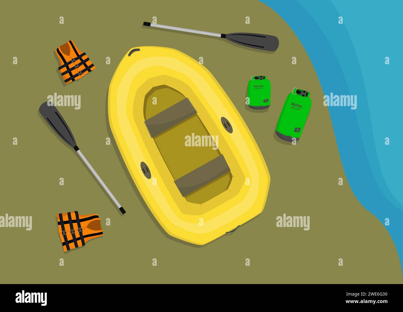 Inflatable boat and other necessary equipment for rafting laying on